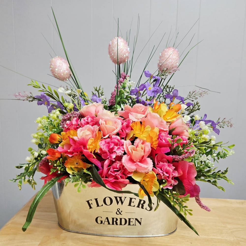 Handmade Colorful Artificial Floral Arrangement in Silver Planter Easter/Spring